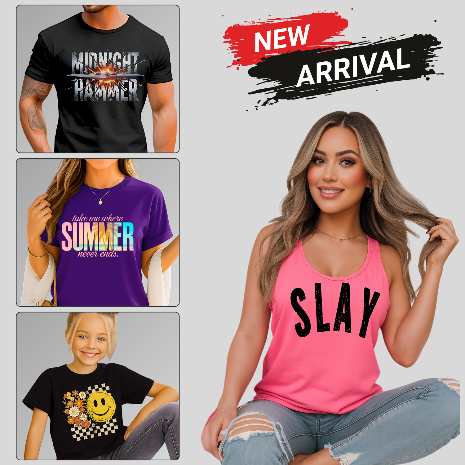 New arrivals collection β graphic tees and tank tops for men, women, and youth. Features Midnight Hammer t-shirt, Summer graphic tee, smiley face kids shirt, and pink SLAY racerback tank.