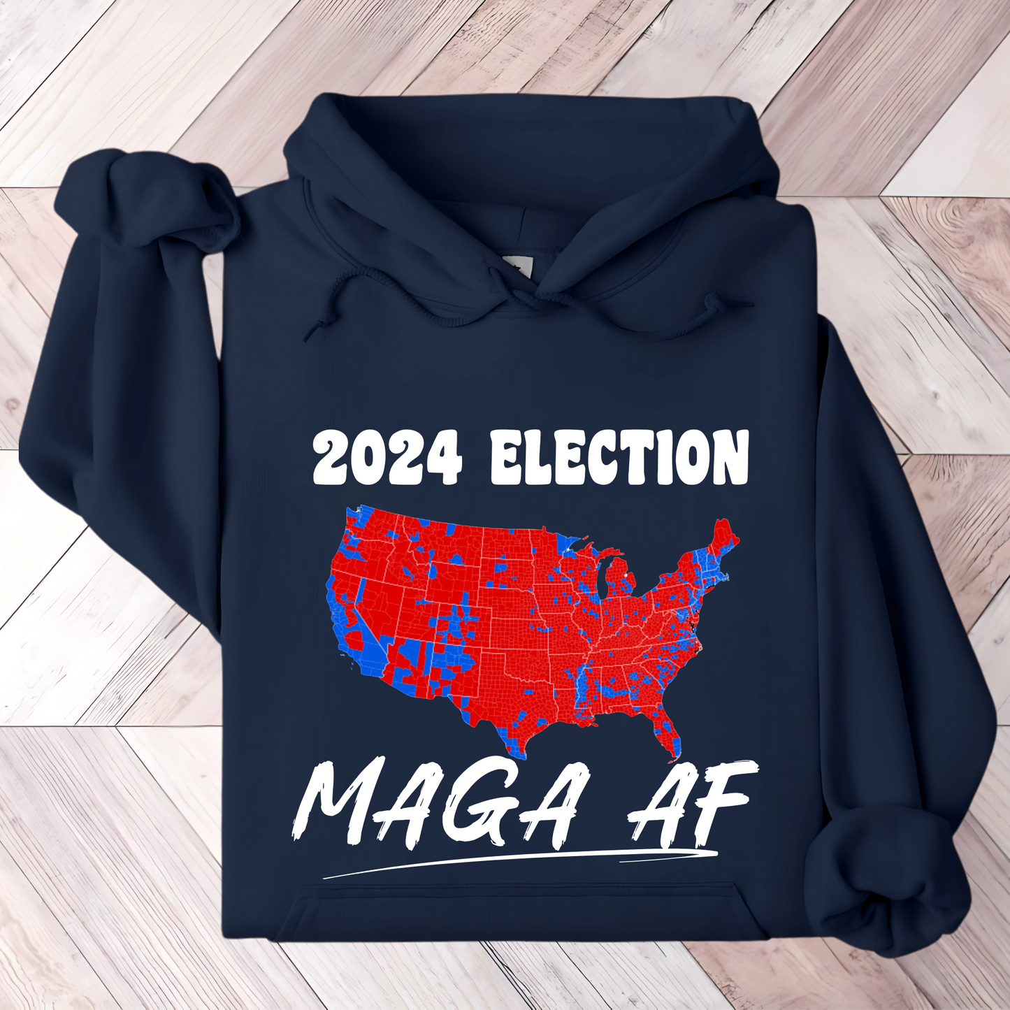 Navy hoodie with a bold political graphic showing a red and blue U.S. map labeled “2024 Election” above and “MAGA AF” in large white letters below, representing conservative support in the election