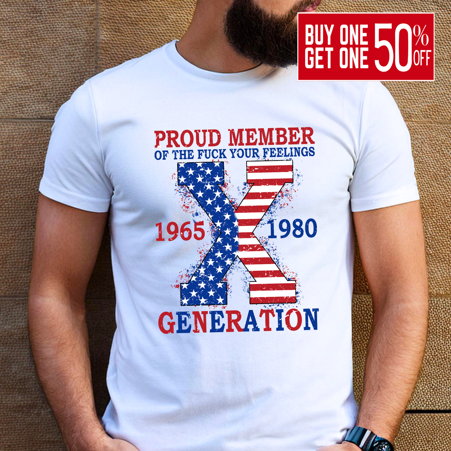 White tee with distressed American flag Gen X print, man with beard