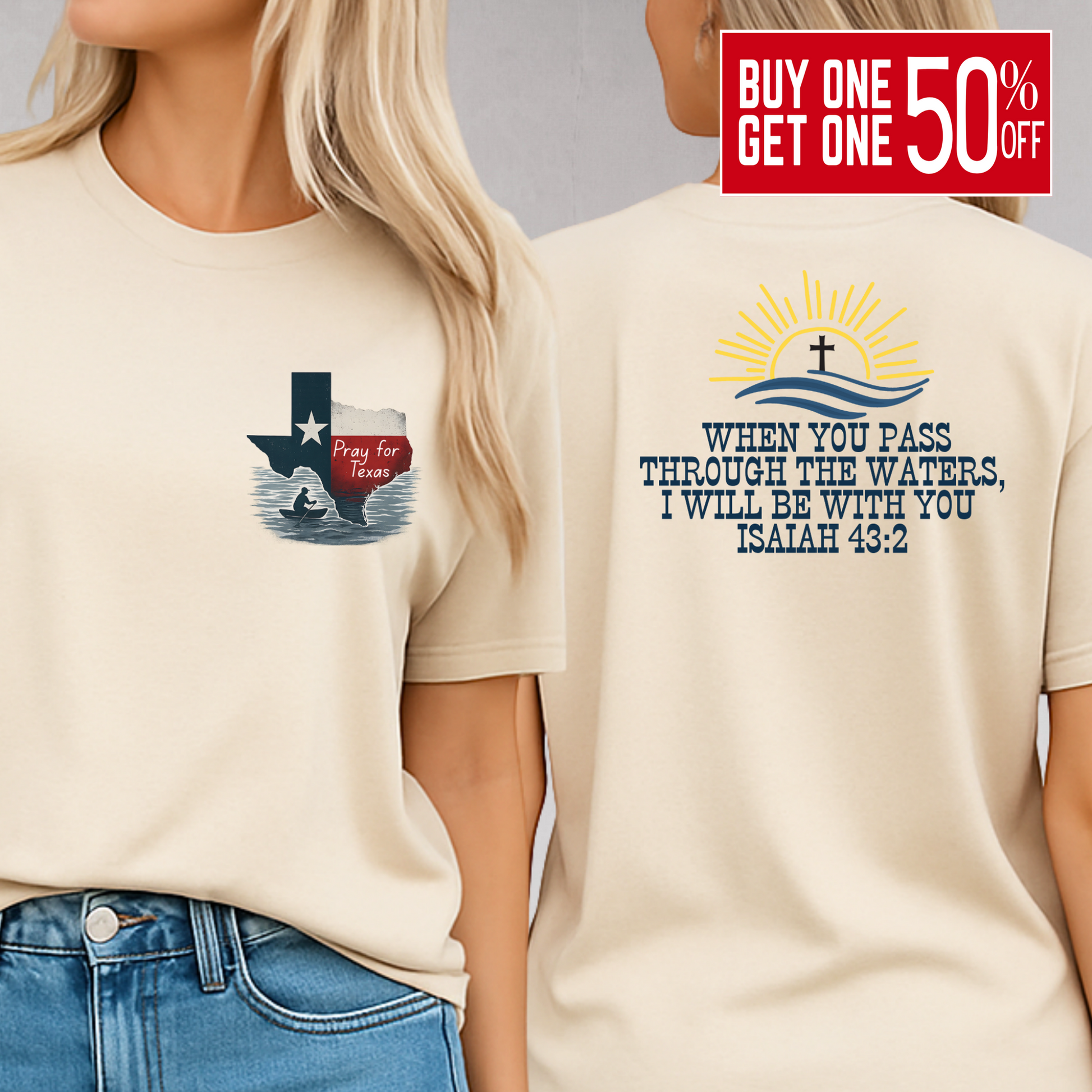 Adult sand shirt – “Pray for Texas” front, Isaiah 43:2 scripture back