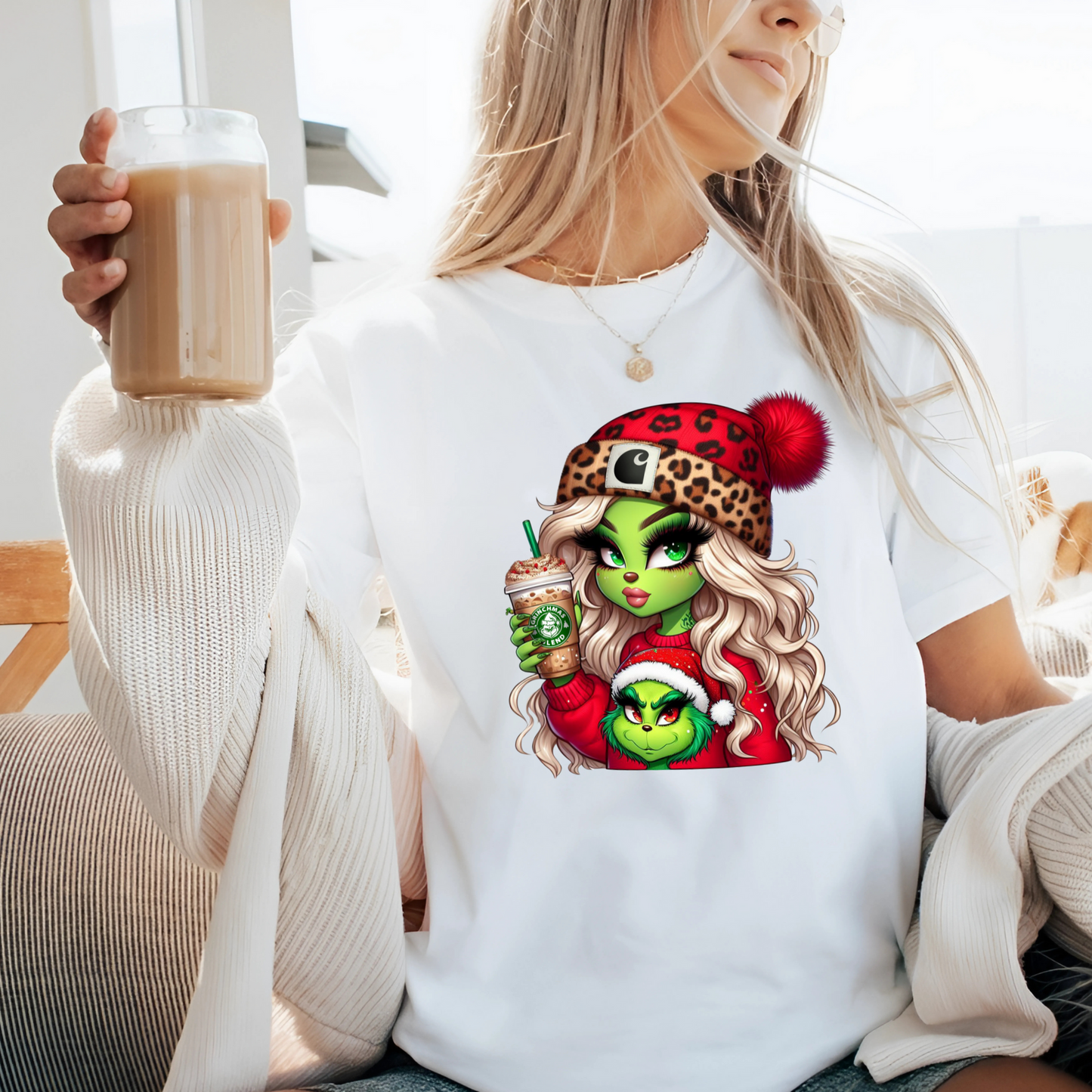 White Christmas tee featuring glam Green girl with coffee drink