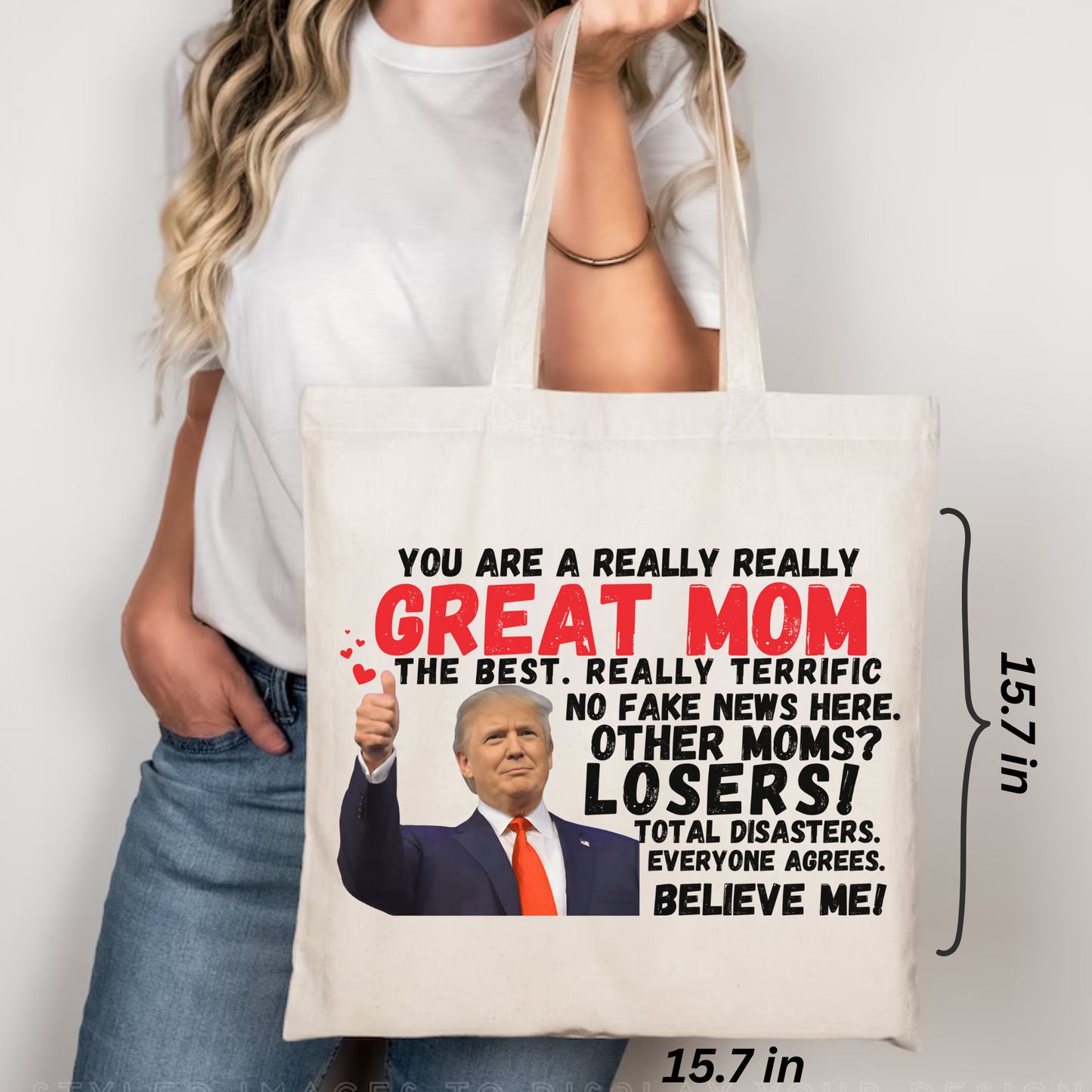 Product sizing chart for Trump “Great Mom” tote – Republican gift idea