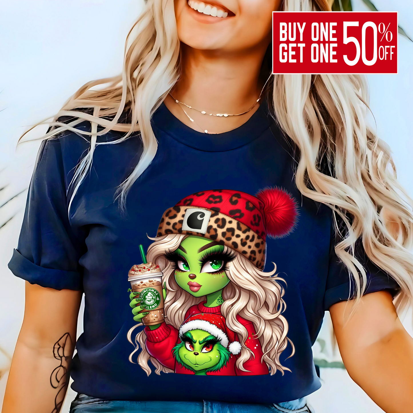 Navy Christmas tee with green girl and cute coffee cup