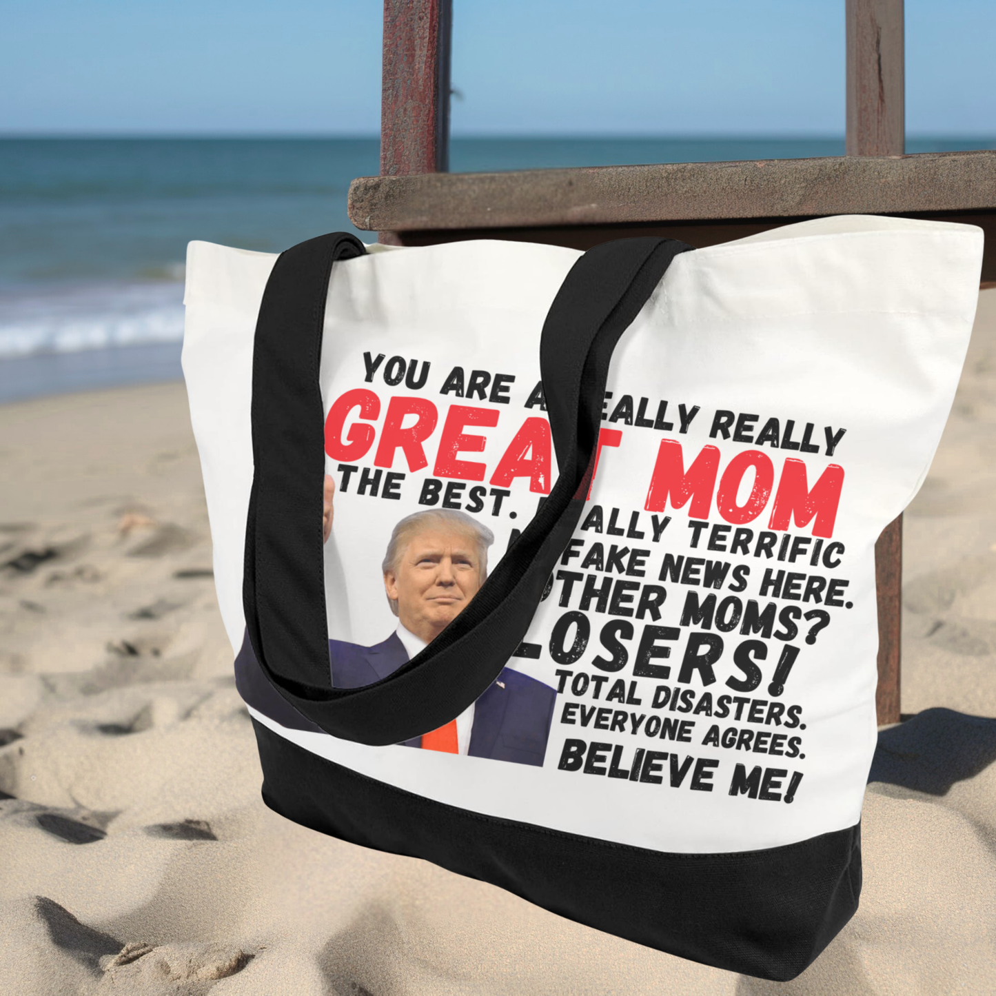 Tote bag with Trump quote hanging on chair – patriotic gift for her