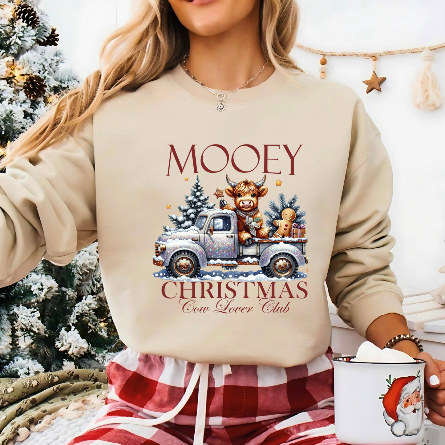 Light Sand sweatshirt with βMooey Christmas Cow Lover Clubβ graphic