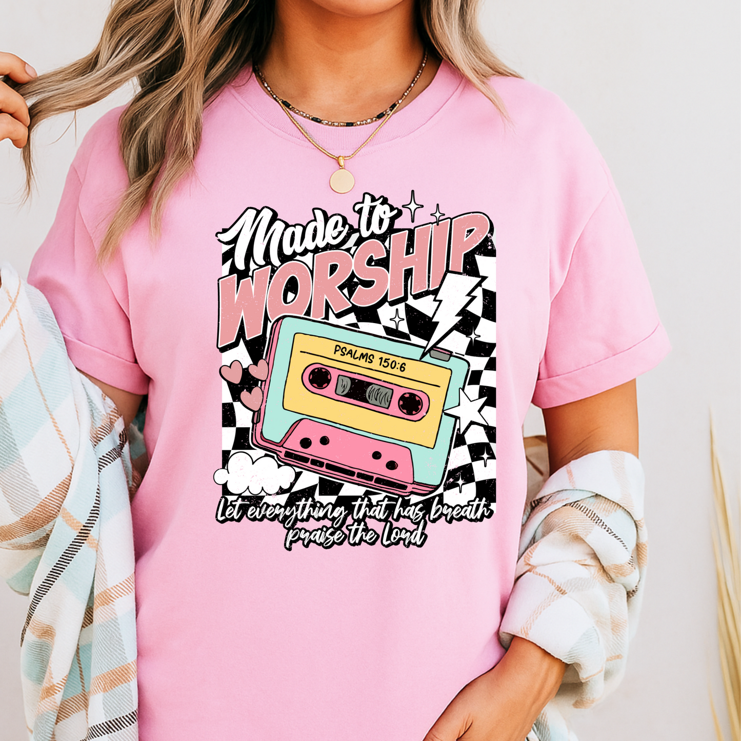 Made to Worship – Retro Cassette Christian Shirt (Psalms 150:6)