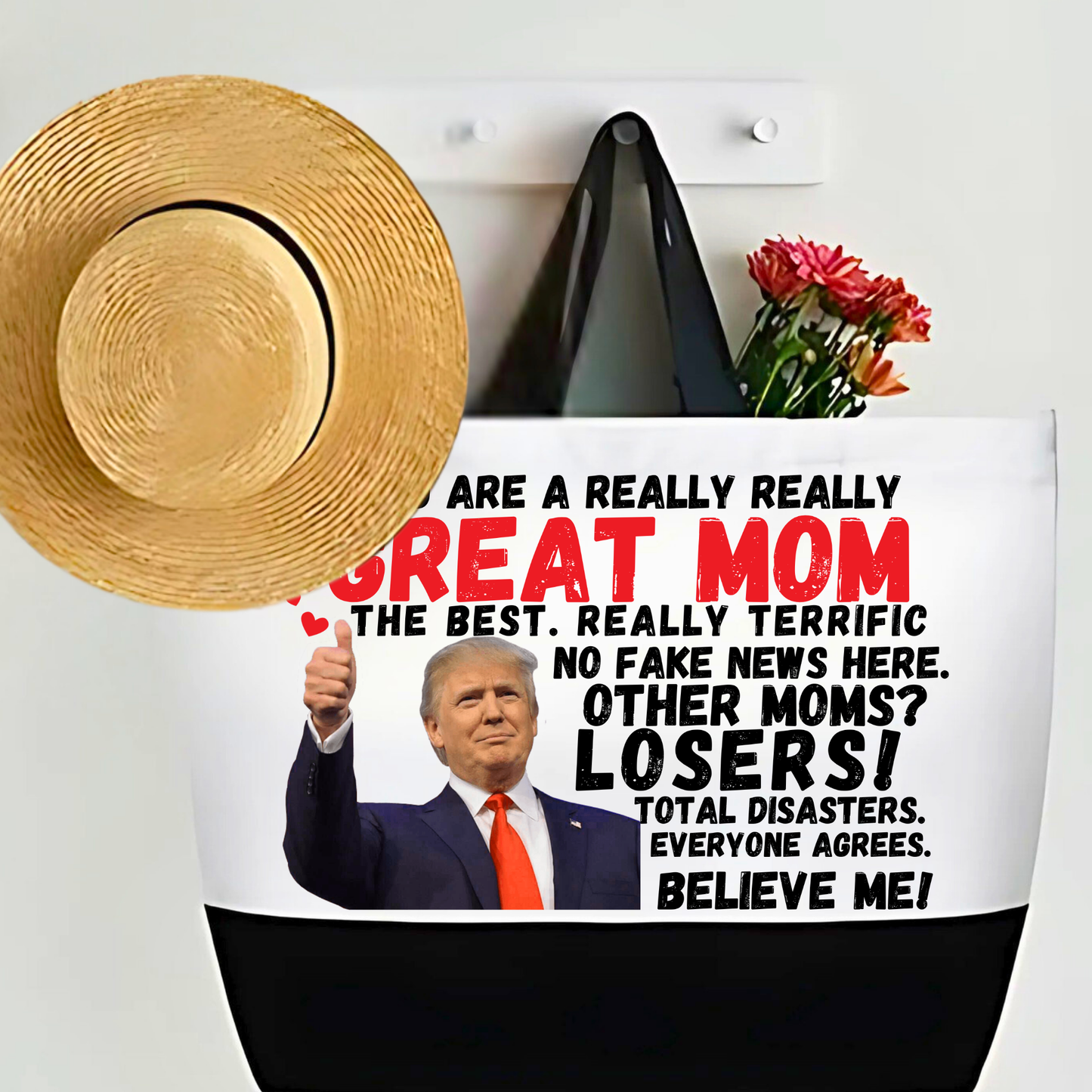 Trump-themed canvas tote with straw hat and flowers – political gift for mom