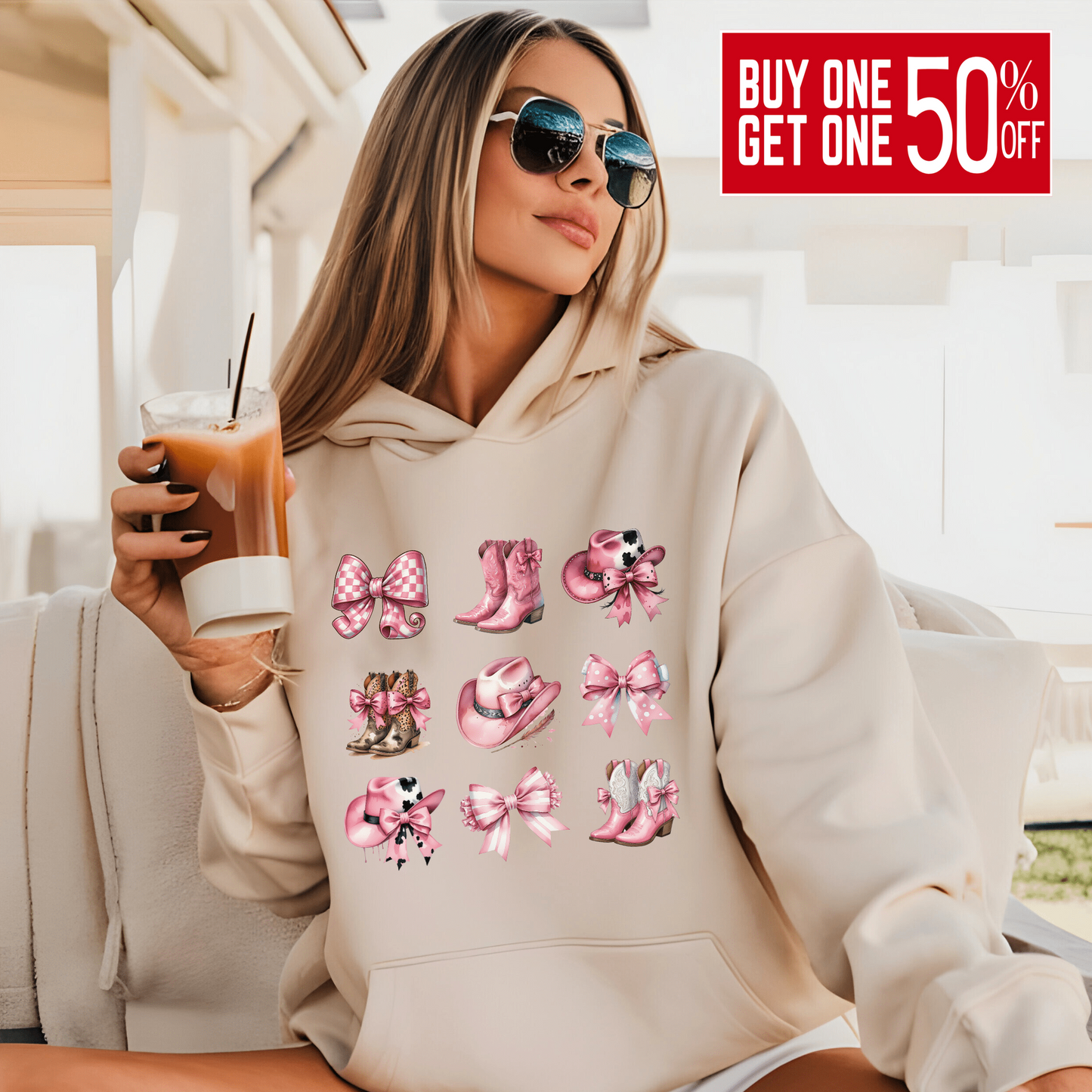 Coquette Western Hoodie - The Right Side PrintsCoquette Western Hoodiewomen's long sleeve sweatshirtSandSmall