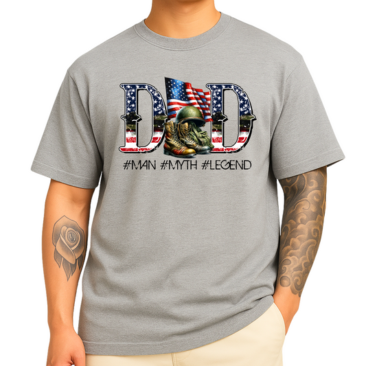 Heather gray DAD t-shirt with patriotic American flag and soldier tribute design
