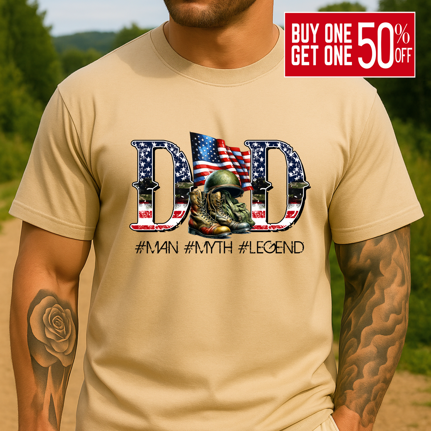 Man in sand-colored DAD t-shirt with American flag and army gear design honoring veteran dads