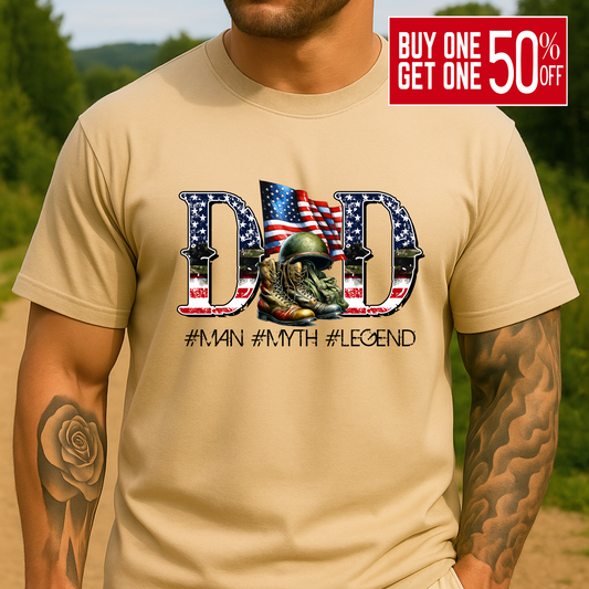 Man in sand-colored DAD t-shirt with American flag and army gear design honoring veteran dads