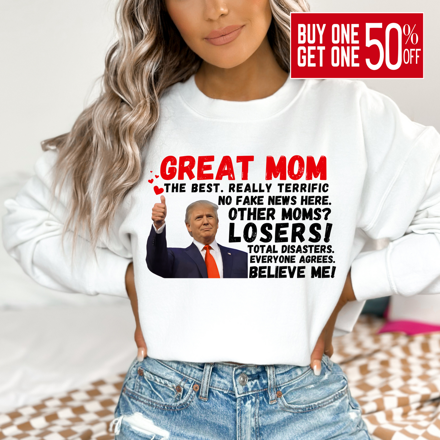 Show your mom she’s the best with this hilarious Great Mom Trump Sweatshirt! Featuring bold text and an iconic thumbs-up image, this design plays on a famous speech style, making it a funny, patriotic, and conservative-friendly gift for Mother’s Day, birthdays, or just because.