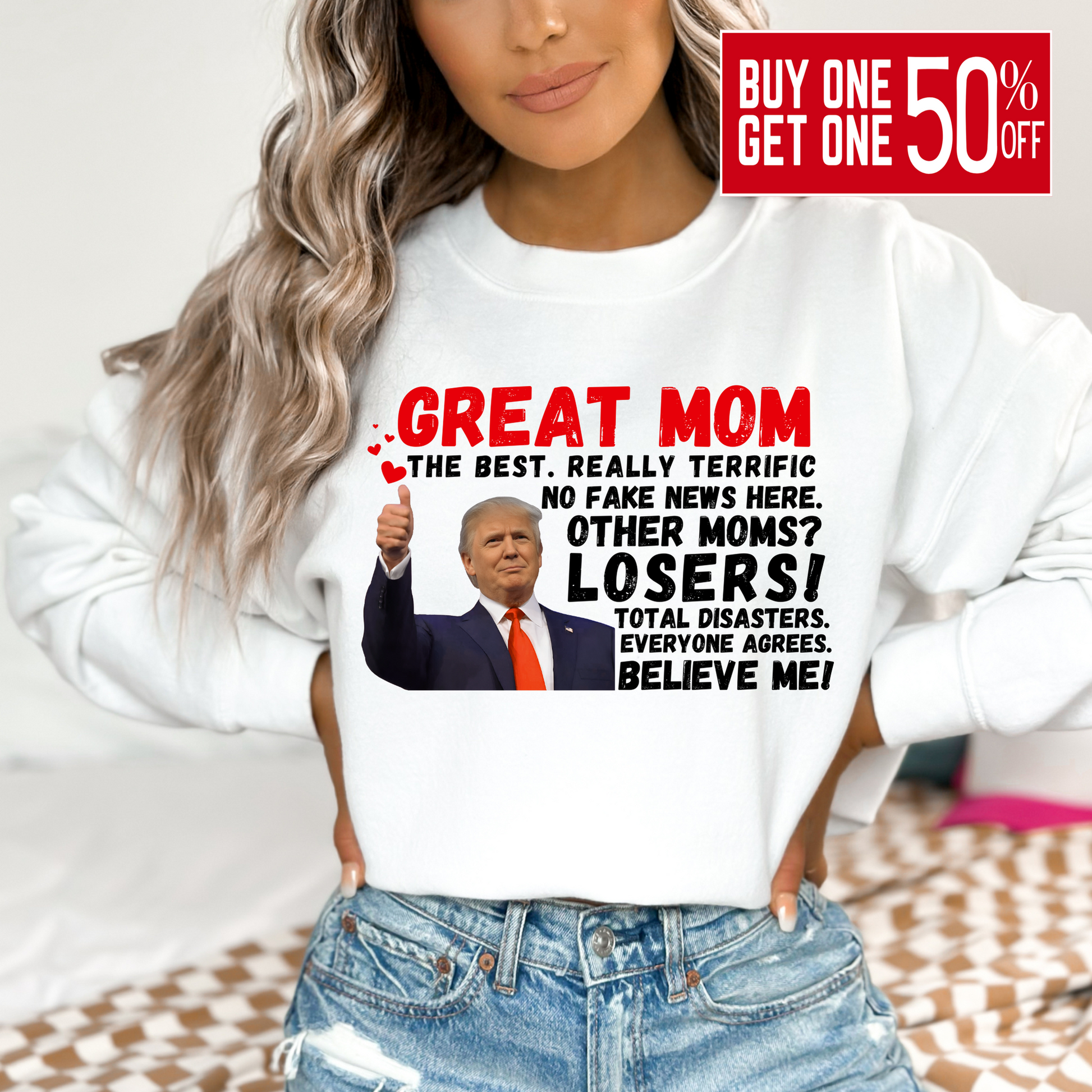 Show your mom she’s the best with this hilarious Great Mom Trump Sweatshirt! Featuring bold text and an iconic thumbs-up image, this design plays on a famous speech style, making it a funny, patriotic, and conservative-friendly gift for Mother’s Day, birthdays, or just because.