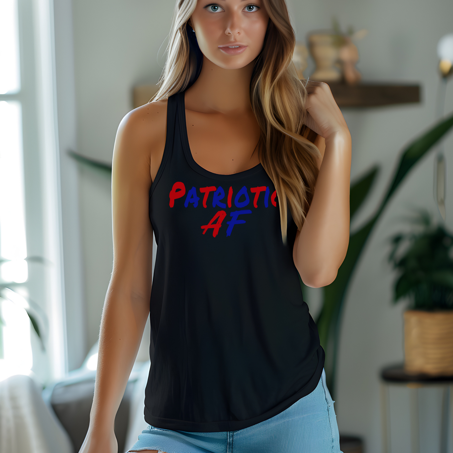 Woman wearing black racerback tank top with red and blue "Patriotic AF" text, patriotic apparel.