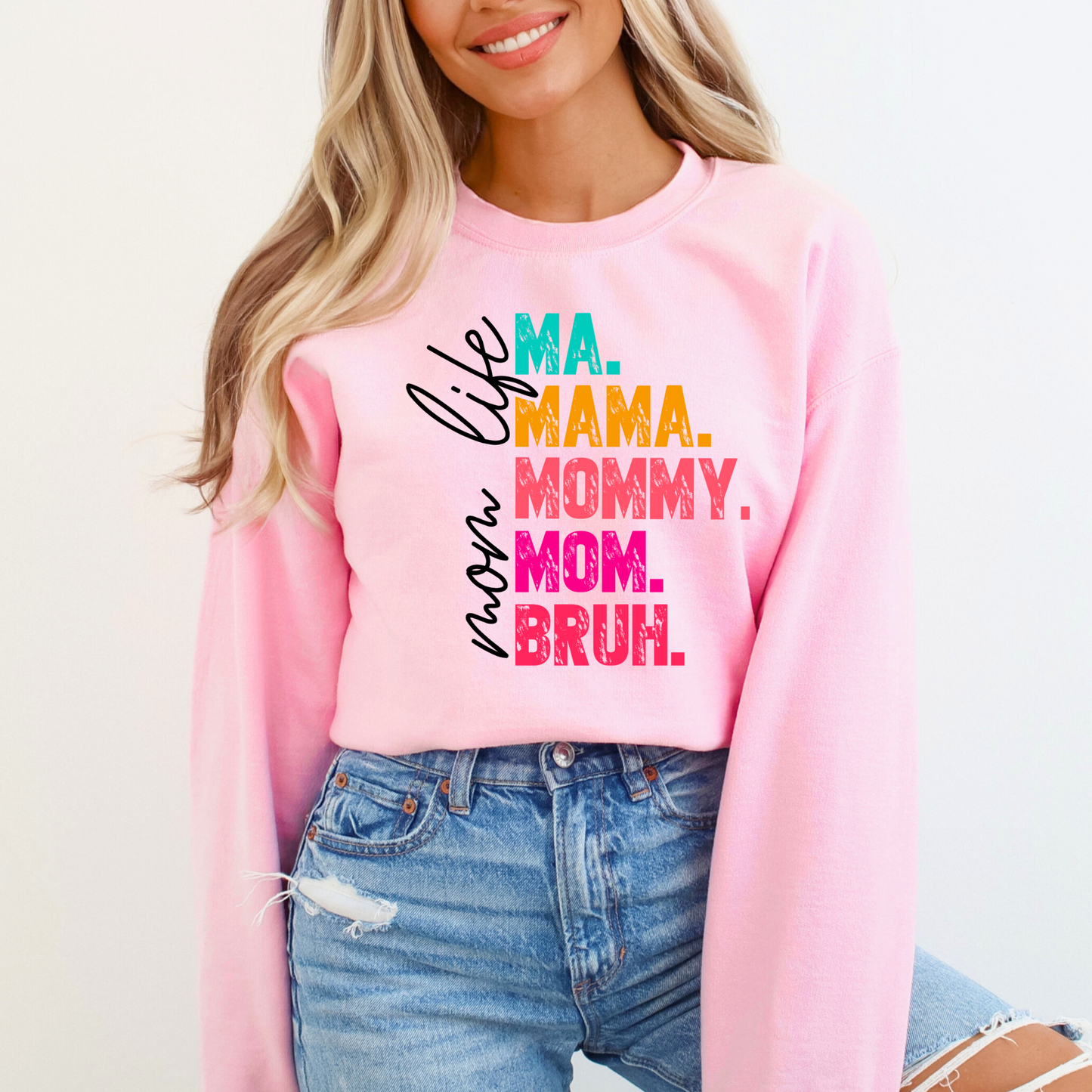 Bright multicolor text on cozy black sweatshirt for moms