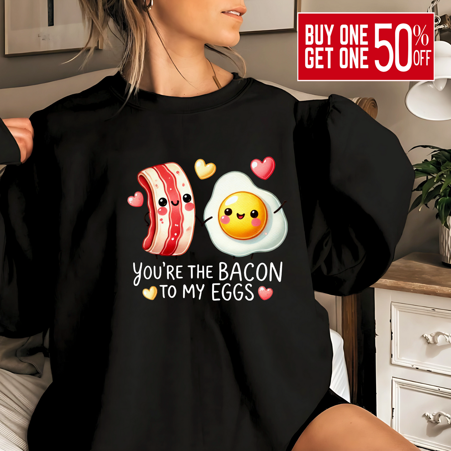 Black sweatshirt with kawaii bacon and egg and heart graphics
