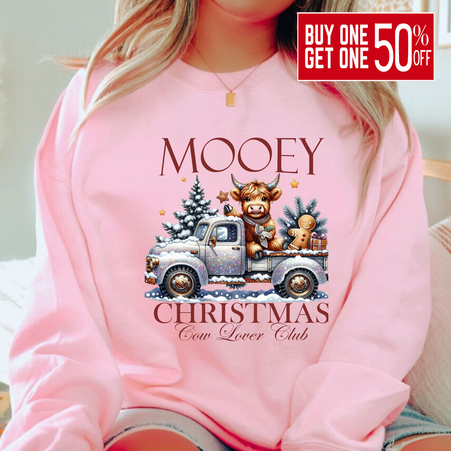 Pink sweatshirt with cow holiday graphic β cozy Christmas gift for her