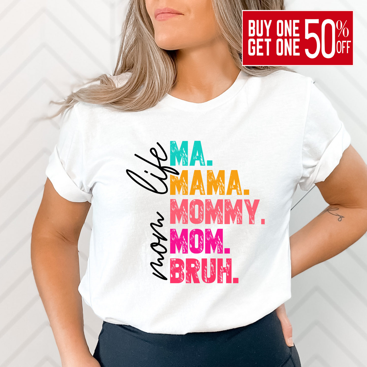 Woman wearing white Mom Life Ma Mama Mommy Mom Bruh shirt – funny mom t-shirt