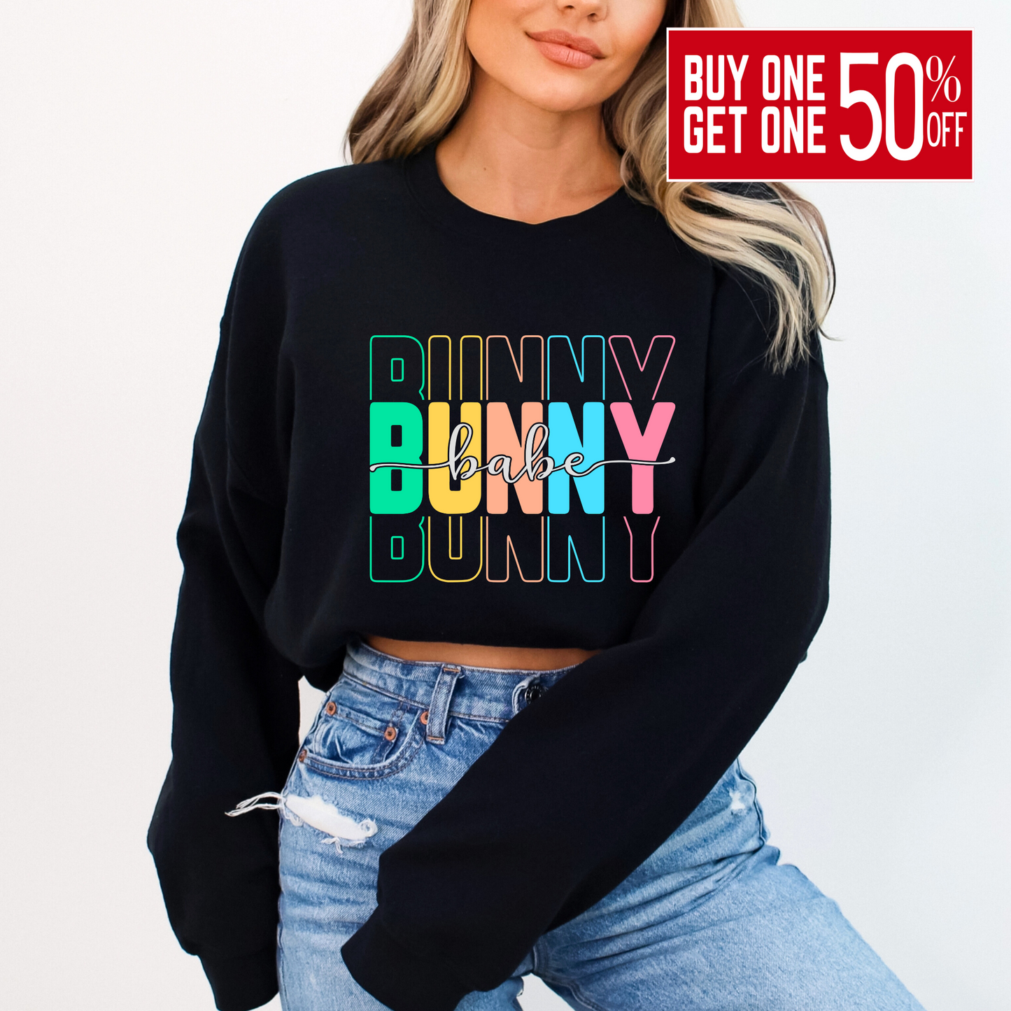 Trendy Bunny Babe sweatshirt with colorful pastel typography, perfect for Easter, spring fashion, and cozy loungewear