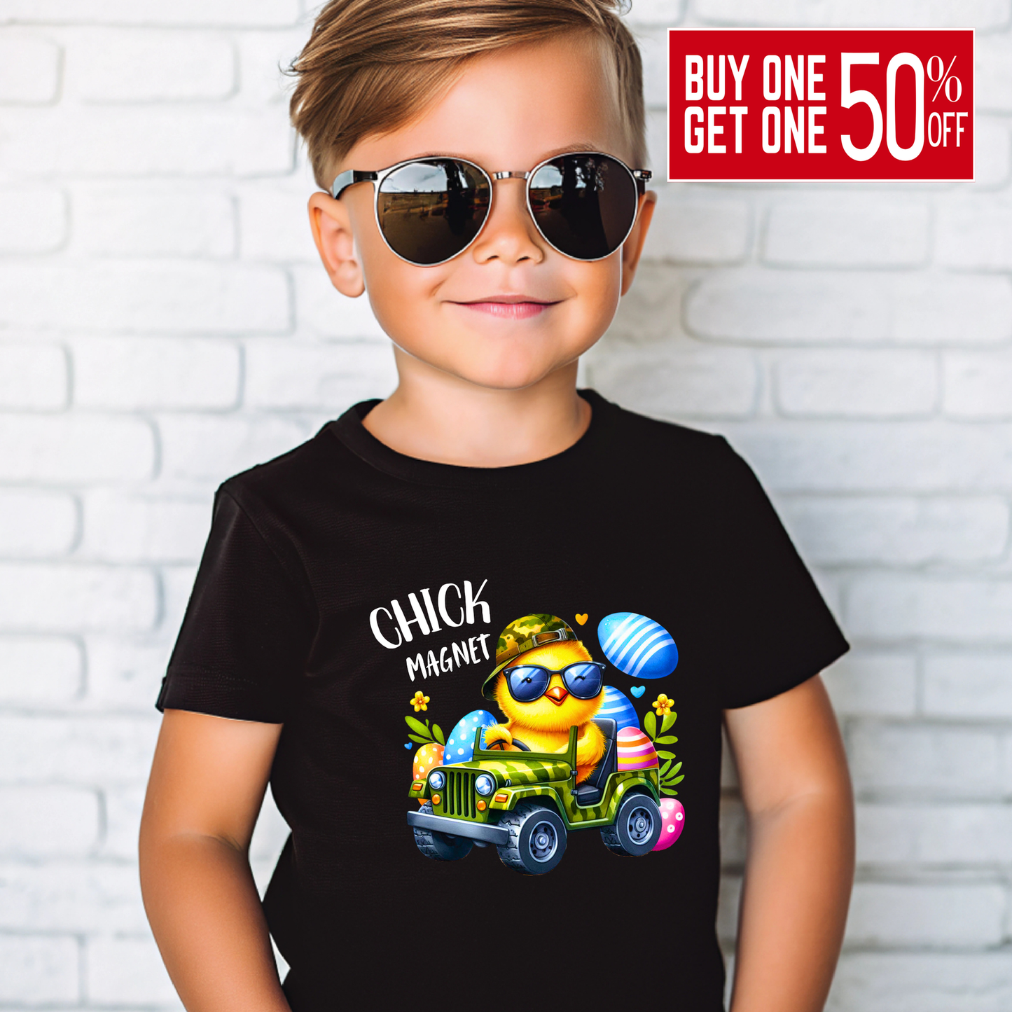 Funny "Chick Magnet" youth t-shirt featuring a cool chick driving a jeep with Easter eggs. Perfect Easter shirt for young boys
