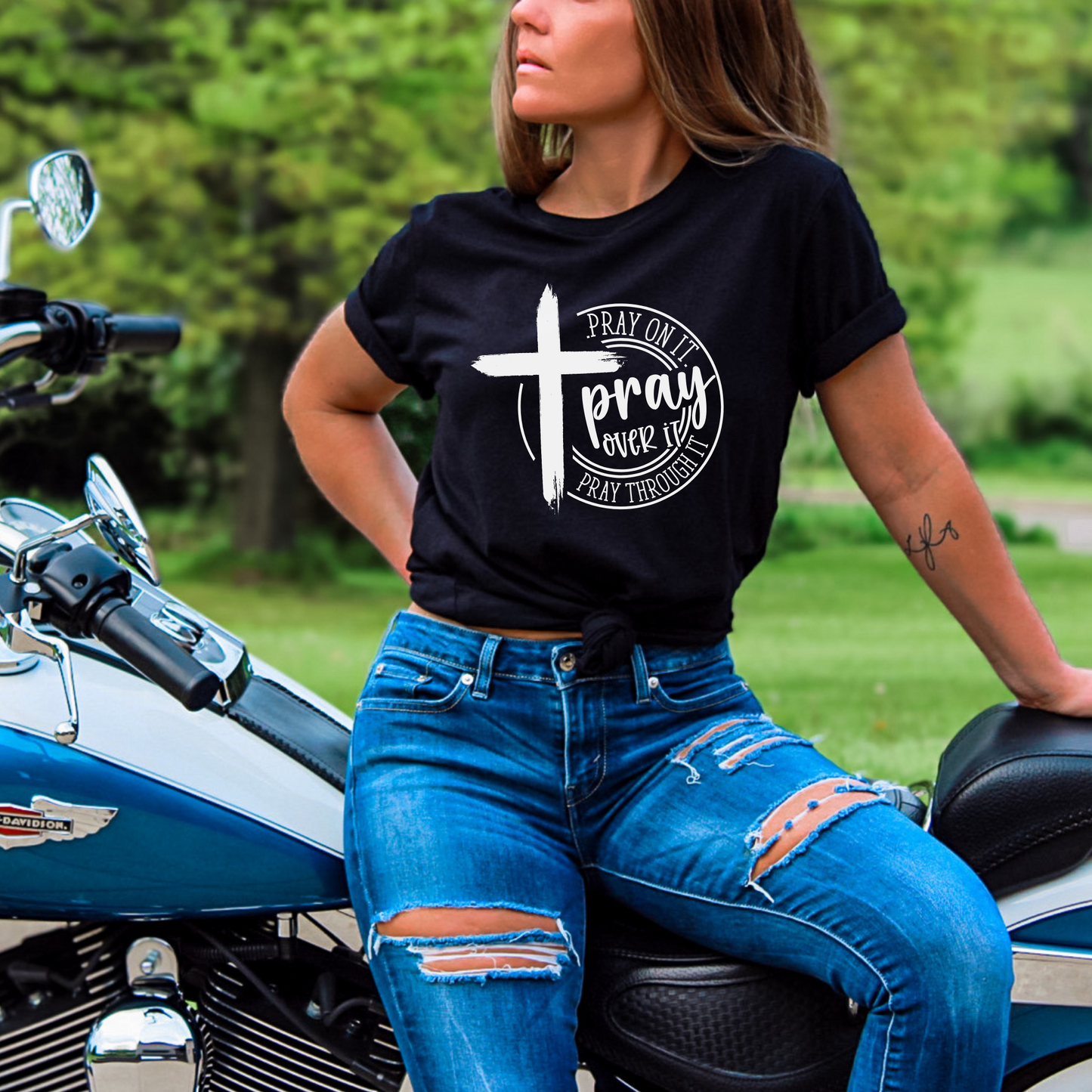 Black Faith-based inspirational t-shirt with a cross and prayer message, perfect for Christian apparel