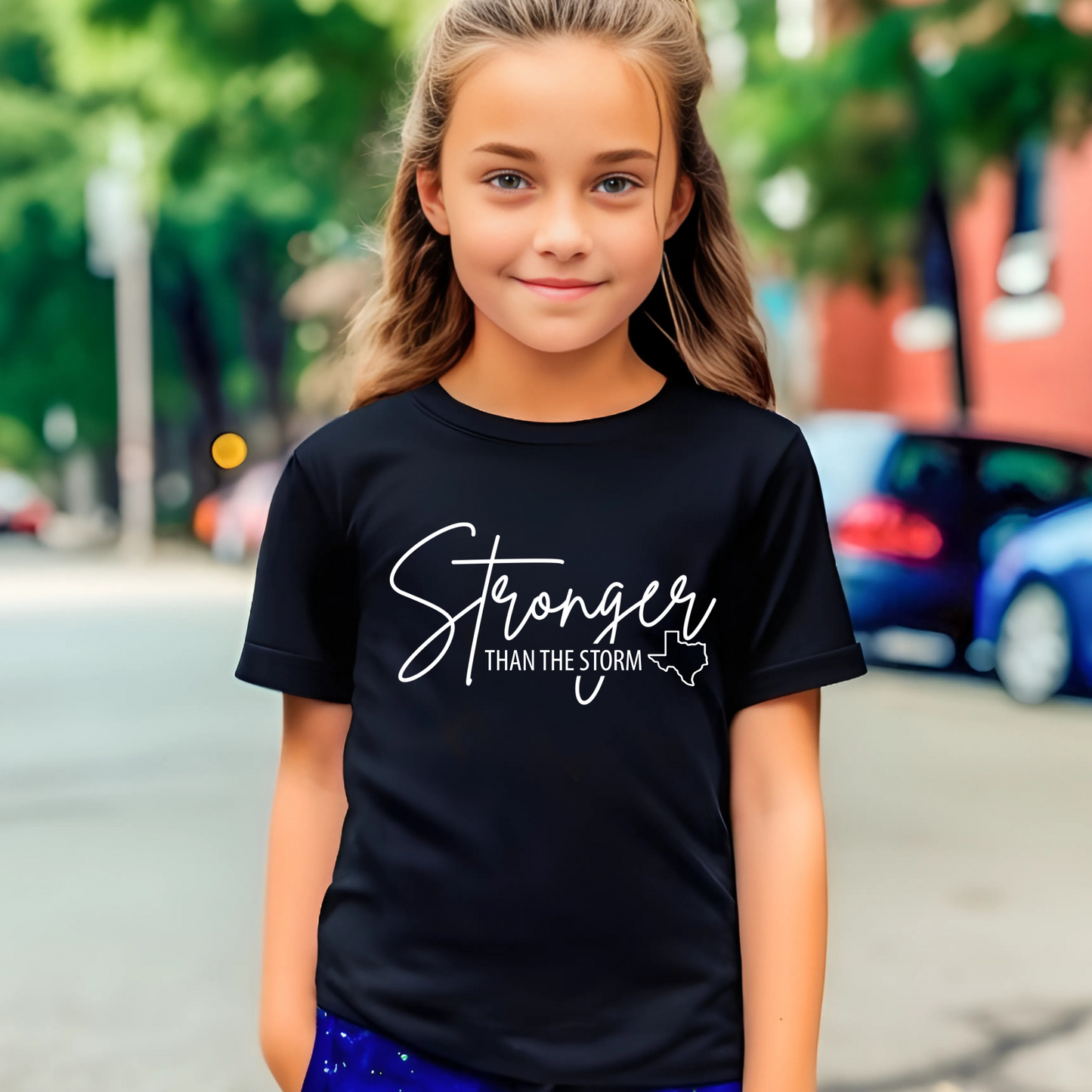 Black “Stronger Than the Storm” kids T-shirt with white lettering, worn outdoors in urban setting.