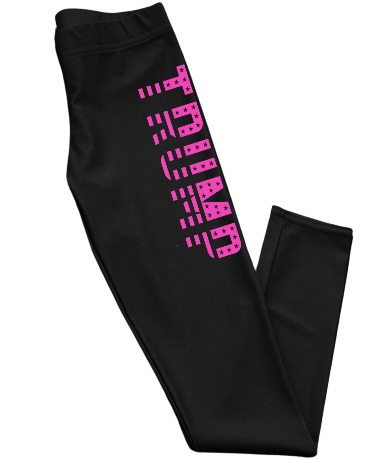 Black leggings with bold pink TRUMP stars-and-stripes vertical graphic on the leg