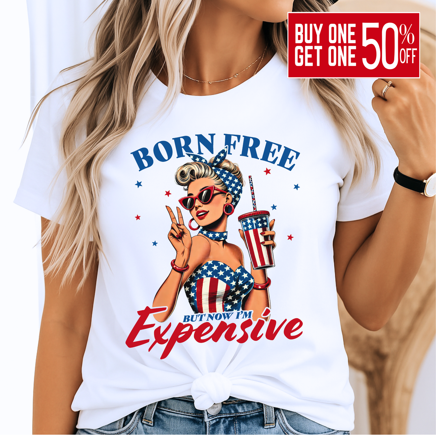 Born Free But Now I'm Expensive – USA Tee – 4th of July Retro American Girl Shirt
