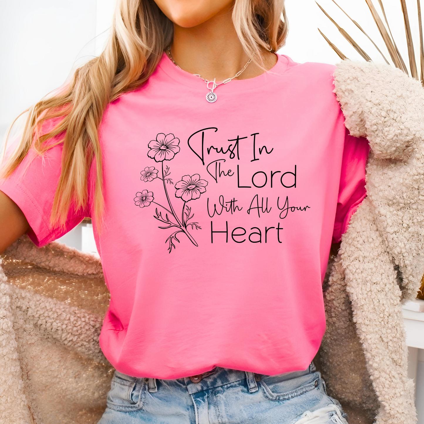 Trust in the Lord scripture T-shirt for Christian women. Elegant design with faith-inspired message on a comfortable cotton tee