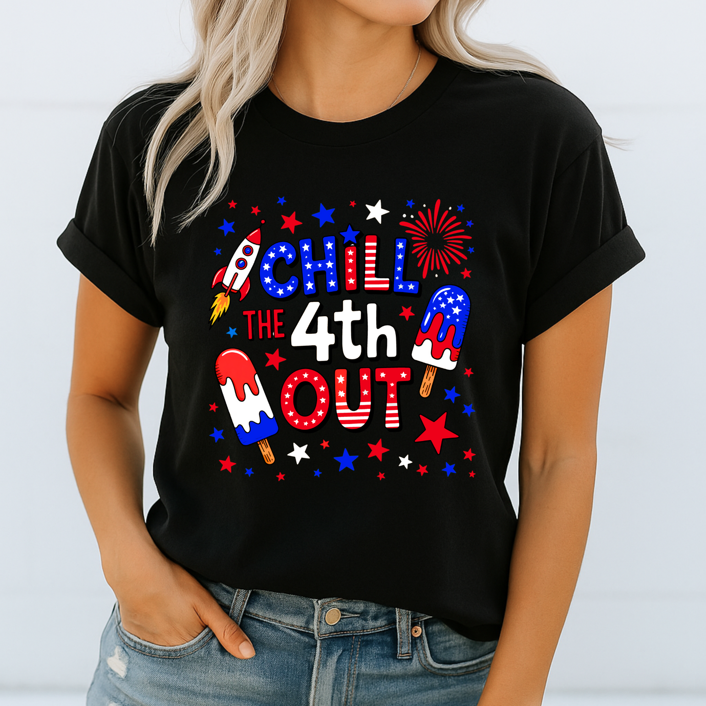 Black graphic tee with July 4th rocket and fireworks design
