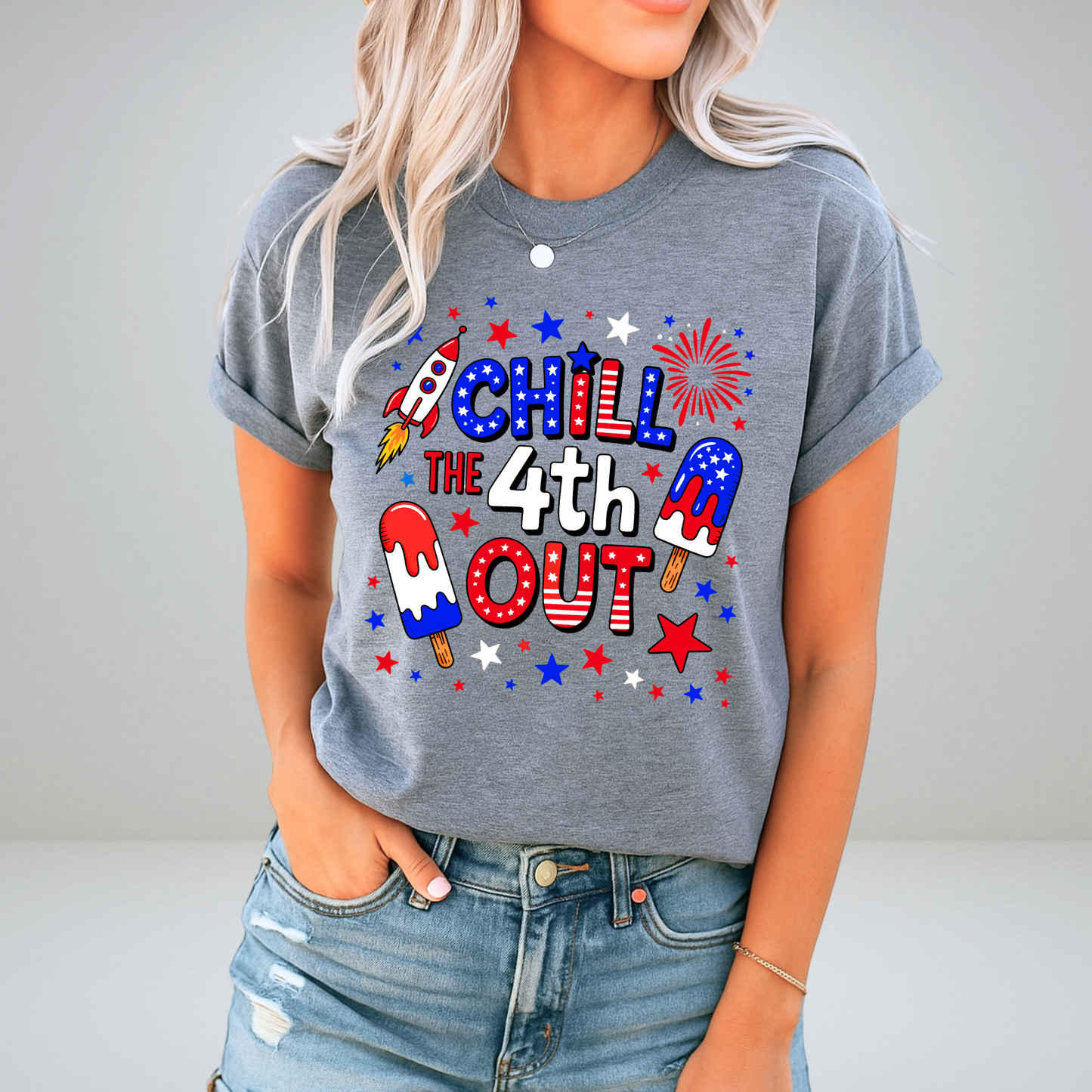 Woman in rolled sleeve gray “Chill the 4th Out” T-shirt