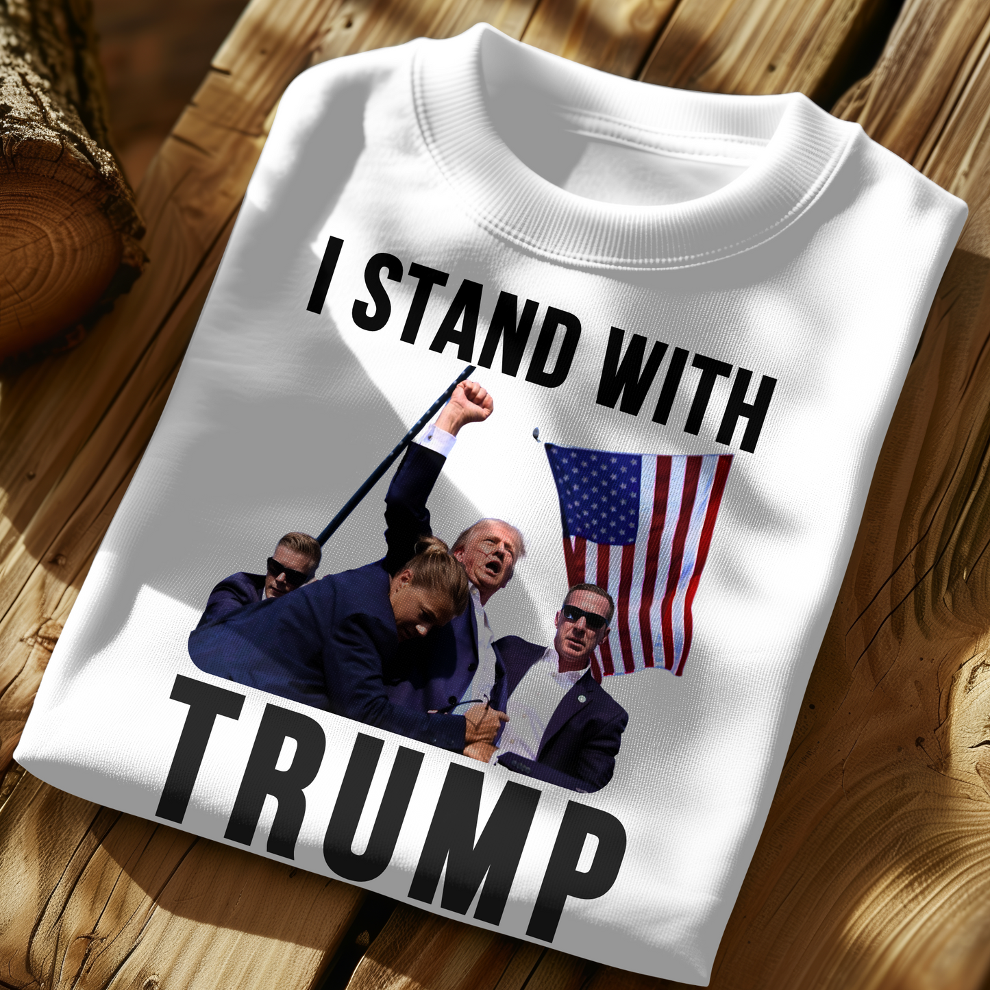 Close-up of white sweatshirt with Trump and Secret Service design – conservative pro-Trump pullover