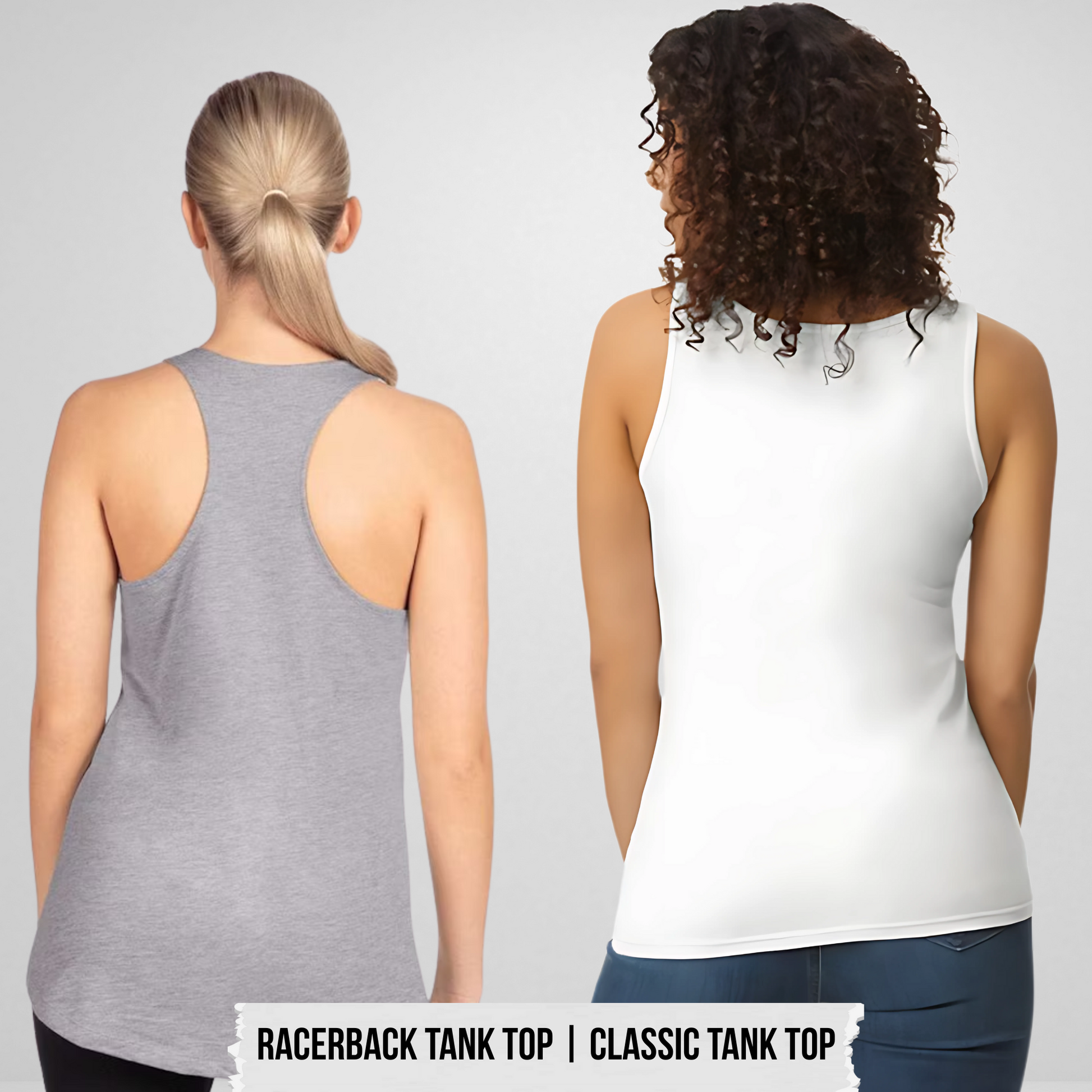 Comparison image showing back of racerback tank top vs classic tank top styles.