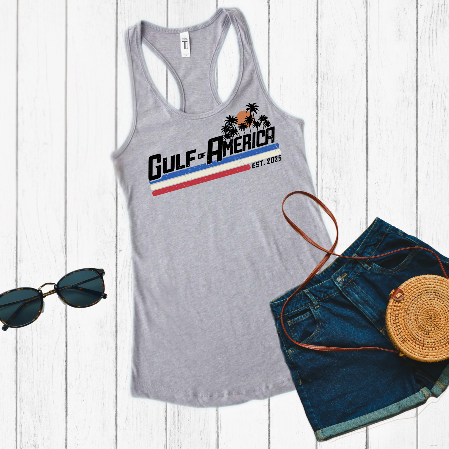 Casual white racerback tank with Gulf of America beach scene