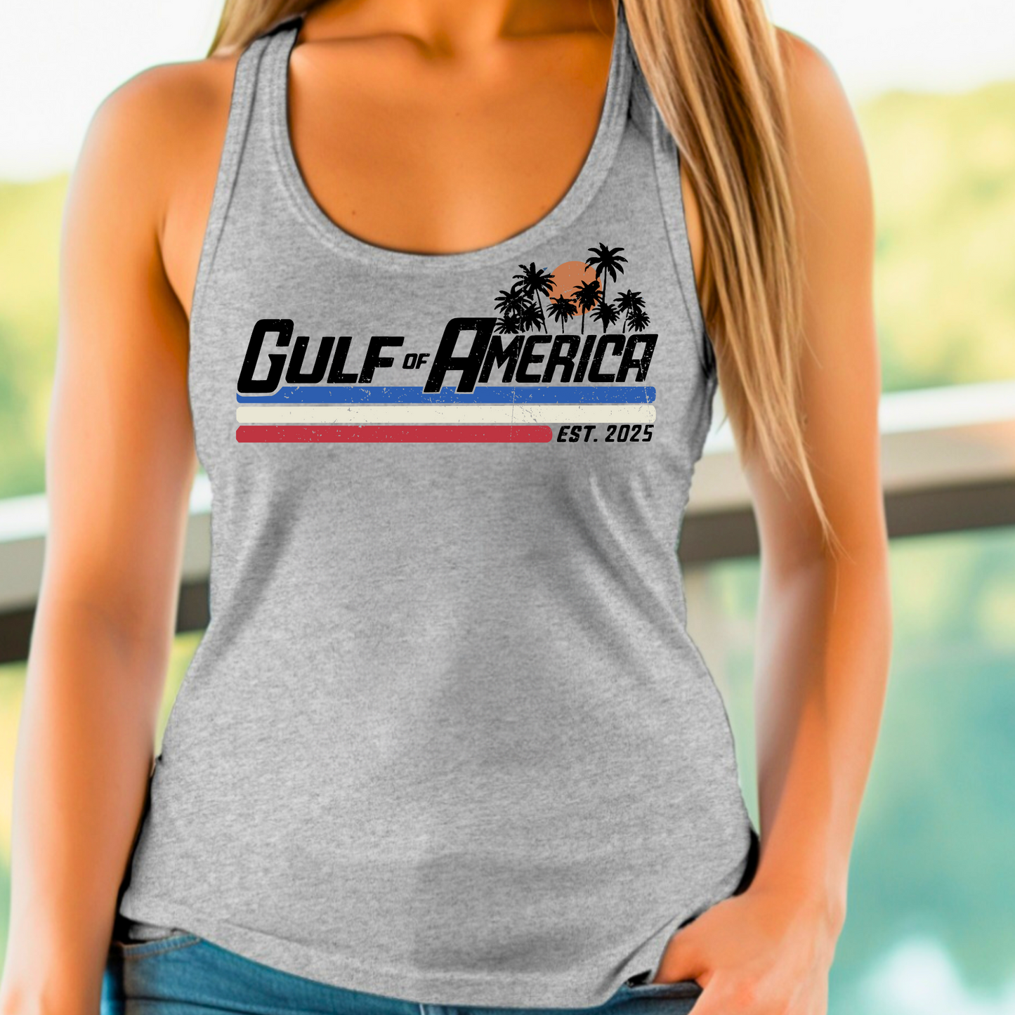 Gray Gulf of America tank β tropical conservative beachwear
