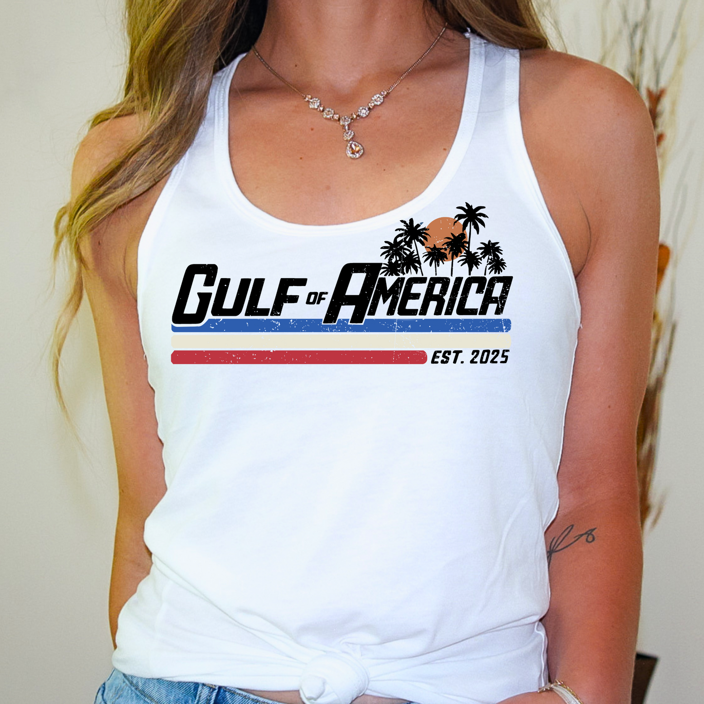 Red, white, and blue Gulf of America tank top for patriotic women
