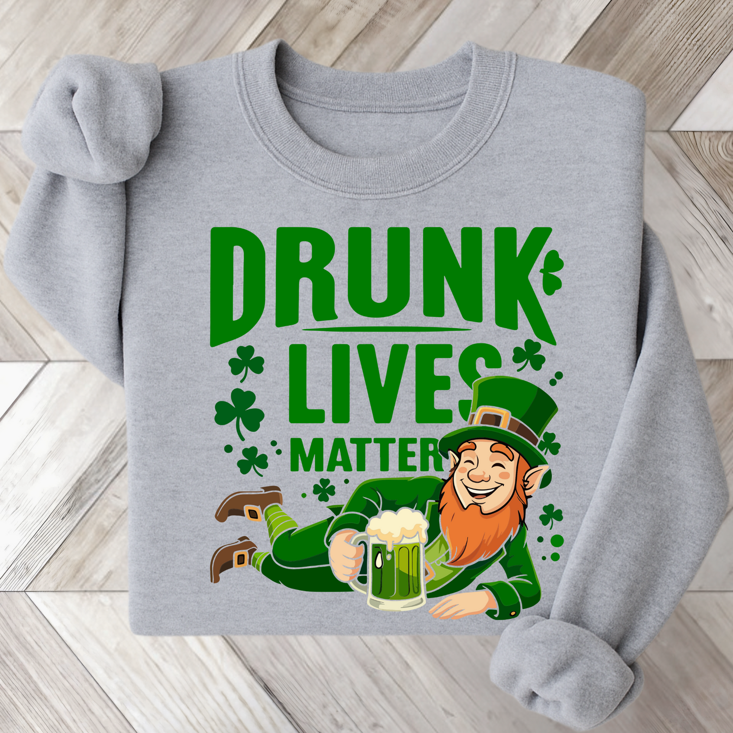 Sport Gray – Sport gray St. Patrick’s Day crewneck with drunk leprechaun and shamrocks