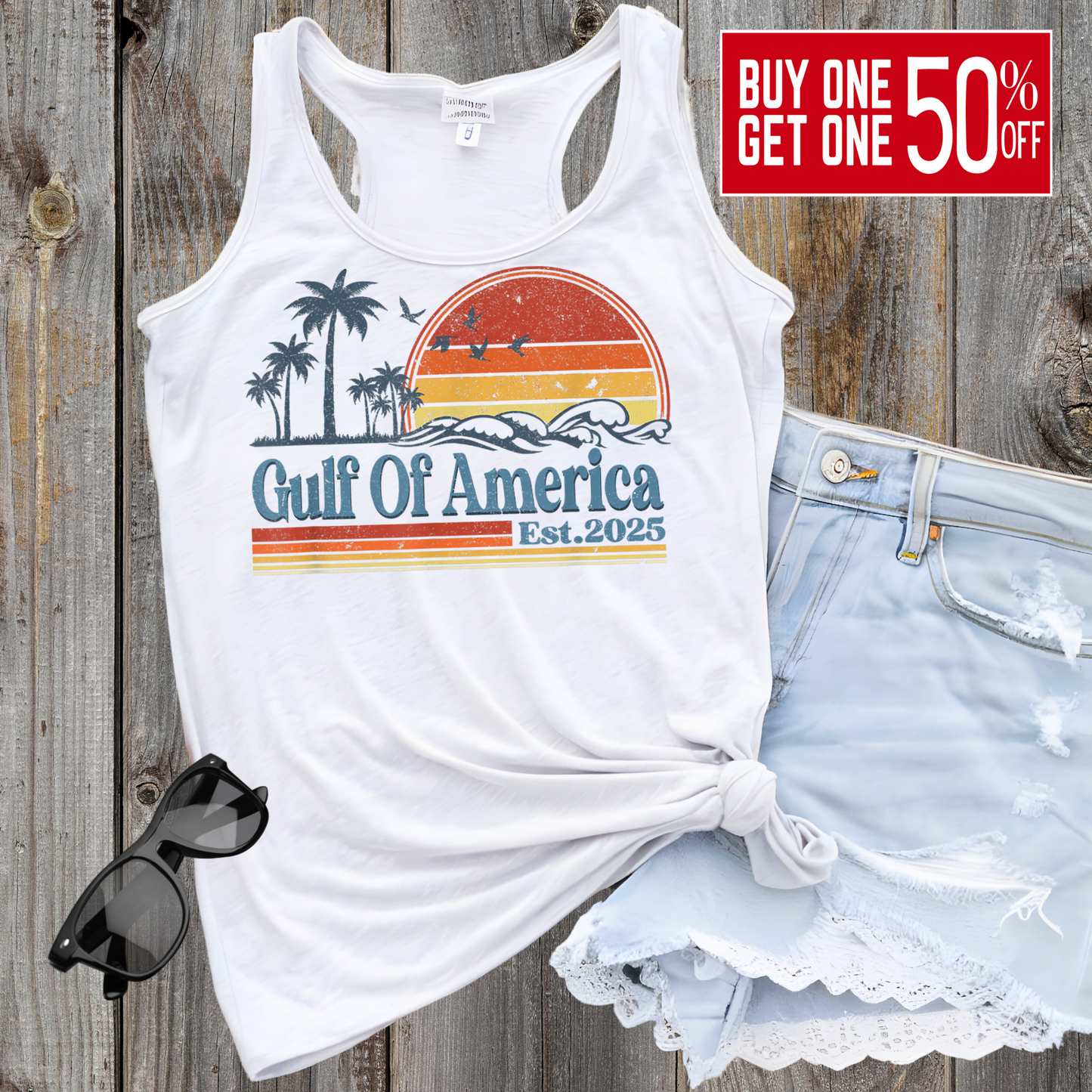 Relax in coastal style with our Gulf Of America Est. 2025 tank top. Designed for sun-seekers, ocean lovers, and those who appreciate a vintage coastal aesthetic, this soft and breathable racerback tank is perfect for summer adventures