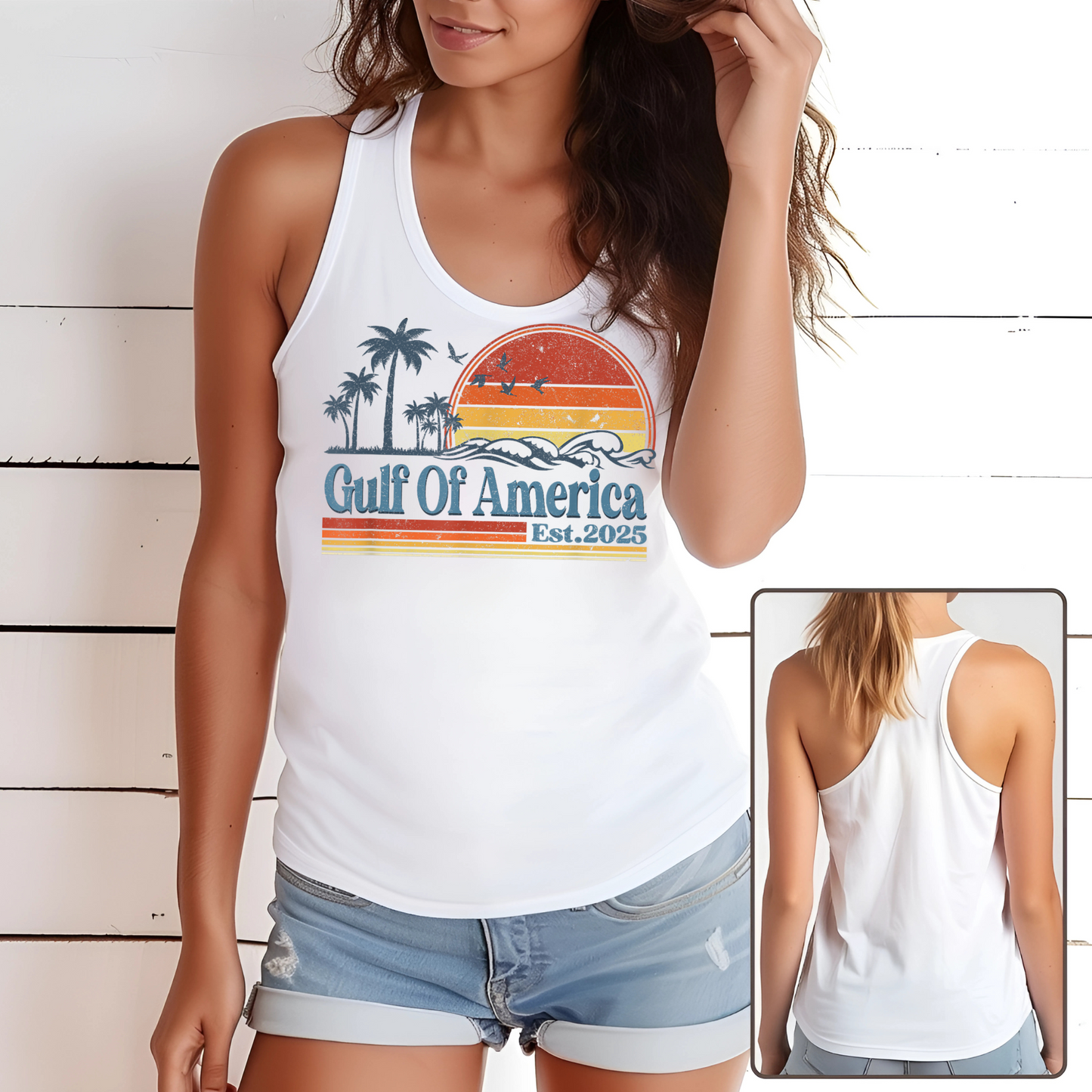 Relax in coastal style with our Gulf Of America Est. 2025 tank top. Designed for sun-seekers, ocean lovers, and those who appreciate a vintage coastal aesthetic, this soft and breathable racerback tank is perfect for summer adventures