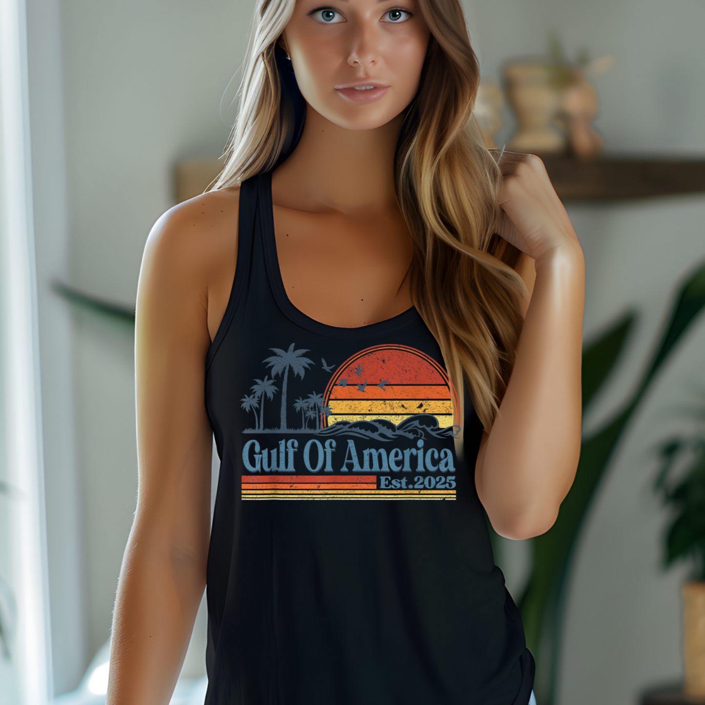 Relax in coastal style with our Gulf Of America Est. 2025 tank top. Designed for sun-seekers, ocean lovers, and those who appreciate a vintage coastal aesthetic, this soft and breathable racerback tank is perfect for summer adventures