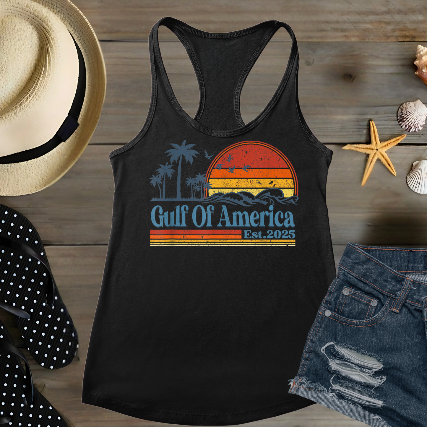 Relax in coastal style with our Gulf Of America Est. 2025 tank top. Designed for sun-seekers, ocean lovers, and those who appreciate a vintage coastal aesthetic, this soft and breathable racerback tank is perfect for summer adventures