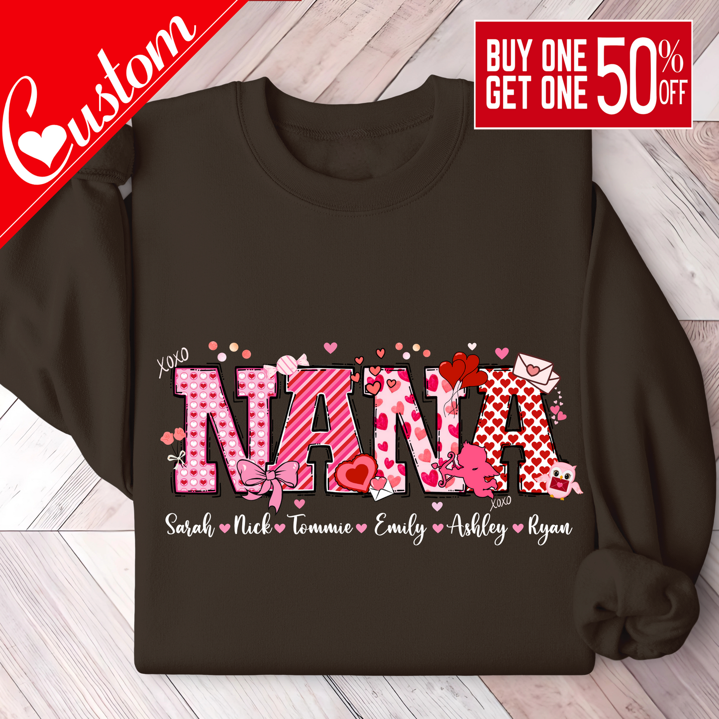 Custom Valentines Day shirt in Brown sweatshirt with 'NANA' and names printed on a wooden floor