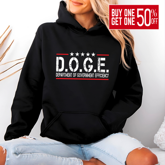 Woman wearing black hoodie with bold D.O.G.E. Department of Government Efficiency graphic in white and red, patriotic and sarcastic design