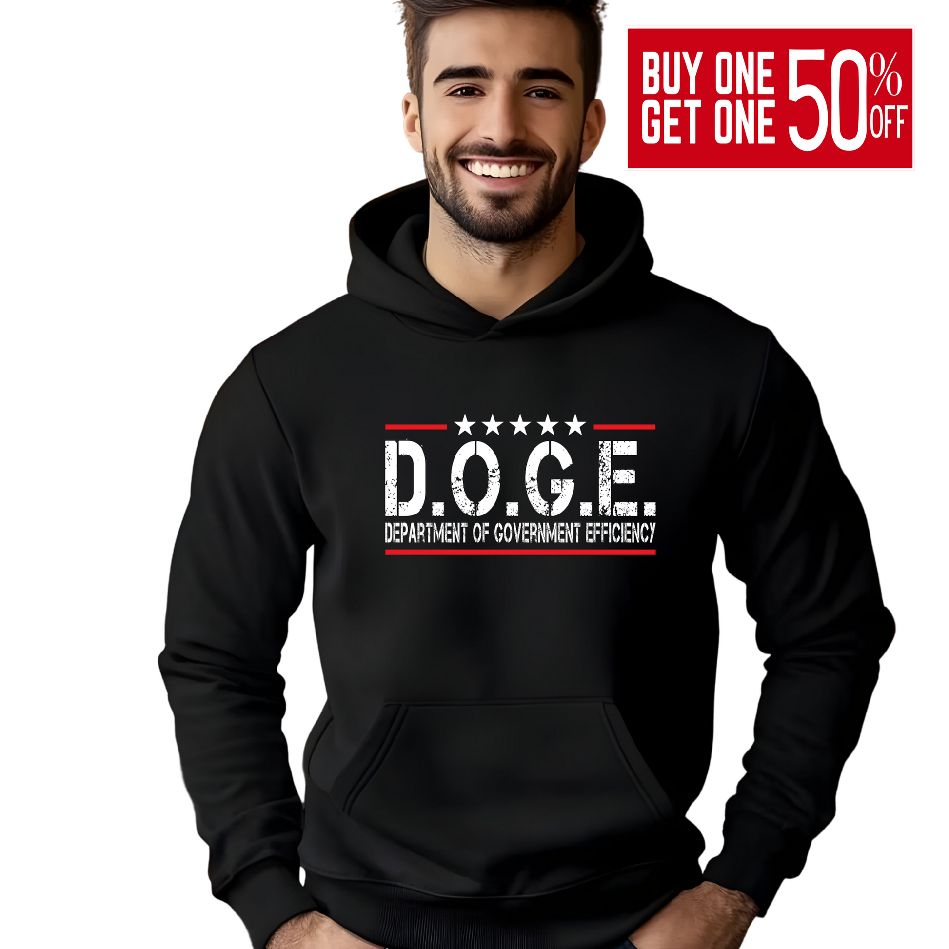 Man wearing black hoodie with D.O.G.E. Department of Government Efficiency graphic in white and red, sarcastic political design for conservatives