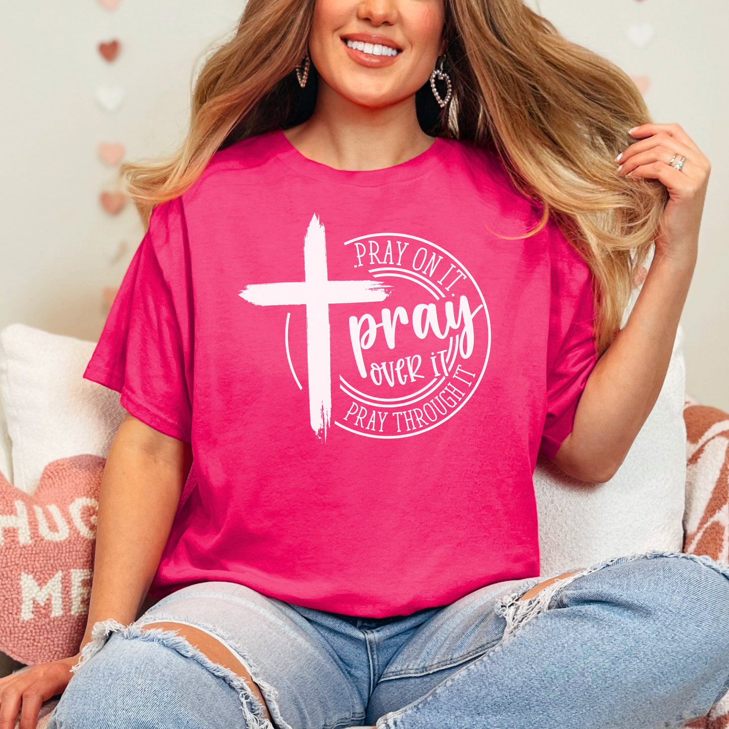Dark Pink Faith-based inspirational t-shirt with a cross and prayer message, perfect for Christian apparel