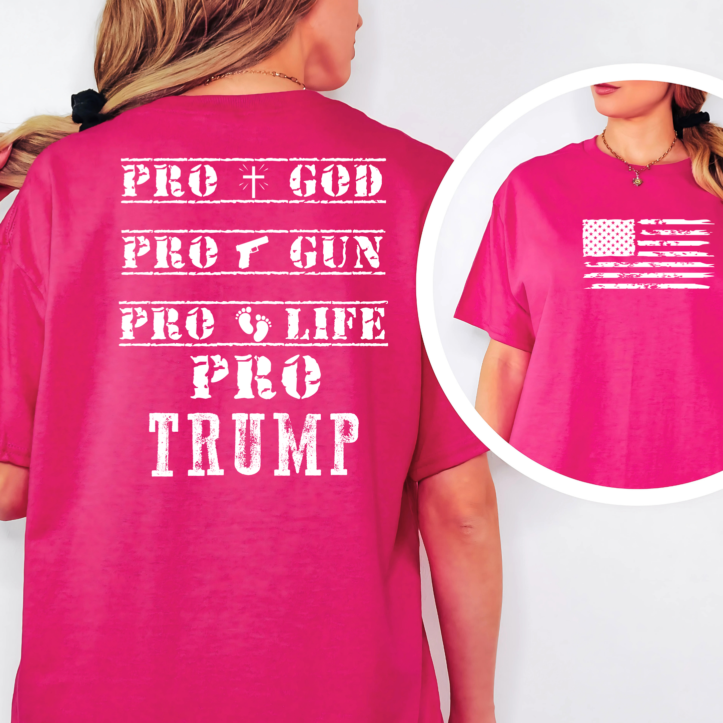 Dark pink Pro Trump shirt with bold white back design