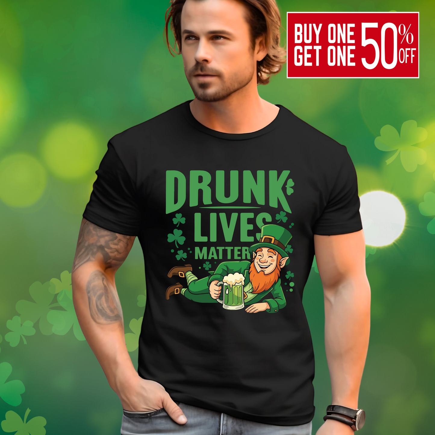 Man wearing a navy blue St. Patrick’s Day t-shirt featuring a relaxed leprechaun holding a beer mug with the text 'Drunk Lives Matter' surrounded by shamrocks