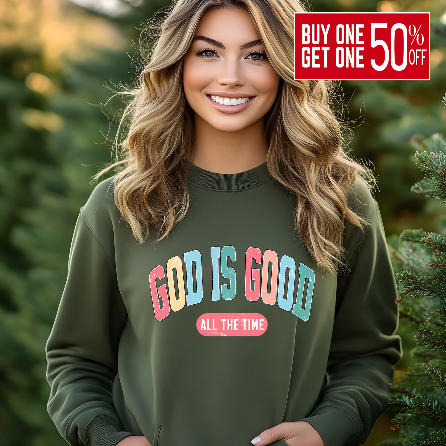 Woman wearing a Green 'God Is Good' Christian sweatshirt, faith-based crewneck with inspirational design.