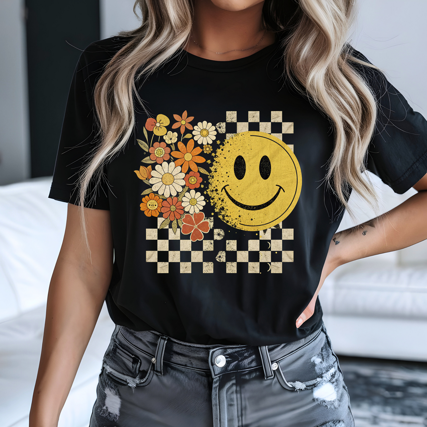 Black shirt featuring distressed yellow smiley and fall floral check pattern