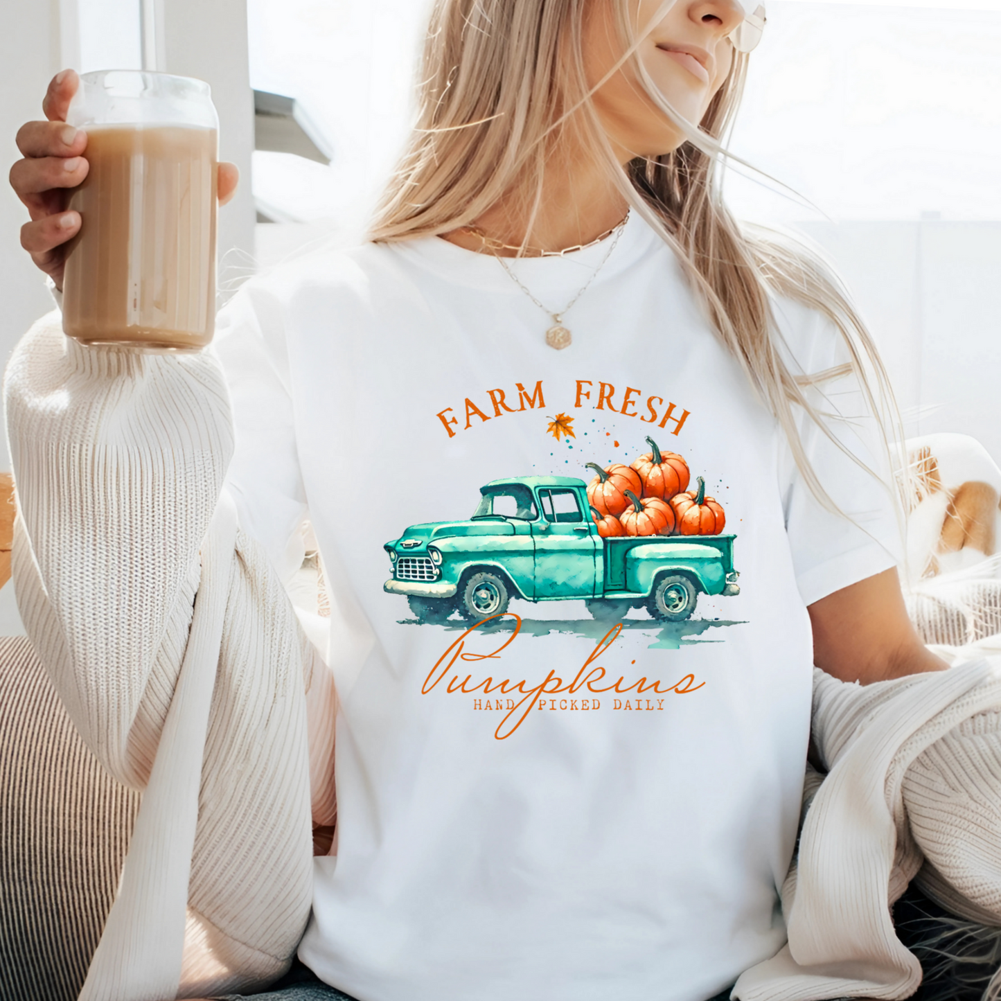 White oversized tee with watercolor pumpkin truck design for women